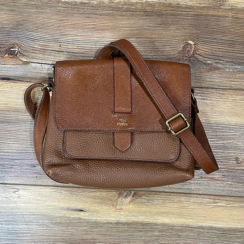 Fossil Kinley Crossbody Bag Brown Pebbled Leather Purse Adjustable Strap Zipper
